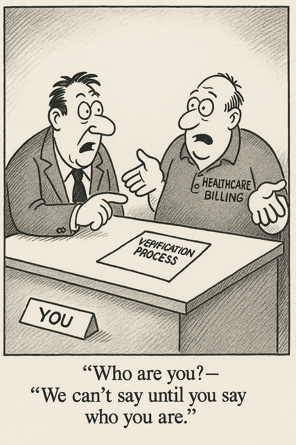 Abbott and Costello style cartoon showing healthcare billing representative at desk with verification process sign, saying 'Who are you?' and 'We can't say until you say who you are.'
